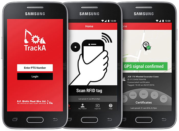 TrackA mobile application displaying on Samsung J3