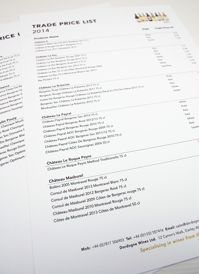 Dordogne Wines trade price list